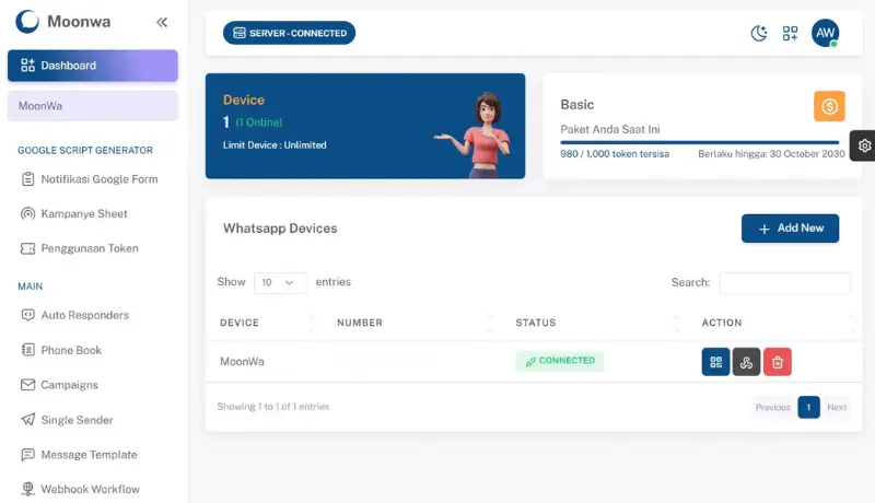 Tampilan dashboard Moonwa untuk mengirim pesan blast WhatsApp
